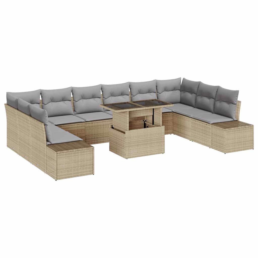 Garten-Sofa-Set mit Speicher 11 pcs Beige Poly Rattan